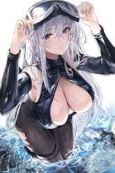 armpit_cutout armpits arms_up azur_lane bare_shoulders black_pantyhose blush bodysuit breasts cg cleavage cleavage_cutout clothing_cutout detached_sleeves diving_suit enterprise_(azur_lane) enterprise_(diving_under_blue_skies)_(azur_lane) eyewear_on_head female front_zipper_swimsuit goggles goggles_on_head grey_hair hair_between_eyes hat large_breasts liaowen long_hair looking_at_viewer official_alternate_costume official_art pantyhose parted_lips purple_eyes silver_hair smile solo swimsuit thigh_strap thighs torn_clothes torn_pantyhose very_long_hair wading water wet wetsuit white_background white_hair zipper