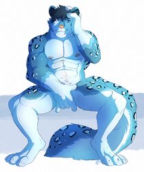 1boy abs anthro blue_eyes ear_piercing embarrassed fangs feline fur hair hornedfreak leopard male male_only mammal nipple_piercing nipples nude penis piercing simple_background sitting smile solo spread_legs spreading teeth