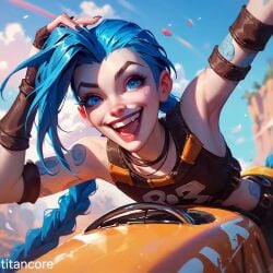 (titancore) ai_generated blue_hair crazy happy jinx_(league_of_legends) jinx_arcane laying_down league_of_legends long_hair single_girl smile smiley_face tattoo tattoos video_game_character