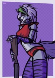 absurd_res animatronic anthro breasts canid canine canis clothing collar female five_nights_at_freddy's five_nights_at_freddy's:_security_breach fur grey_body gun hair hi_res humanoid legwear lips lipstick long_hair machine makeup mammal piercing ranged_weapon ring_piercing robot robot_anthro roxanne_wolf_(fnaf) scottgames solo steel_wool_studios viderart weapon white_hair wolf yellow_eyes