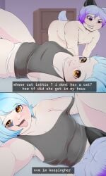 2girls ahe_gao ahegao_face blue_hair breasts cat_ears catgirl cunnilingus demonettem eating_out eating_pussy eitra fangs female female_focus female_only flat_chest flat_chested laying_down laying_on_bed lesbian_sex lesdom looking_at_viewer miyoka_kita muscular_female neko nekomimi original_character selfie selfie_pose yuri