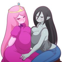 2girls adventure_time animification arms_behind_back black_hair black_nails blush breast_press breasts canon_couple cleavage colored_skin denim dress female grey_skin grey_tank_top hand_on_another's_leg jeans large_breasts long_hair manyakis marceline marceline_abadeer mike_inel multiple_girls o3o oerba_yun_fang pants pink_dress pink_hair pink_skin pointy_ears princess_bonnibel_bubblegum princess_bubblegum smile symmetrical_docking tank_top tiara transparent_background vampire very_long_hair yuri