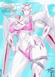 absurdres bikini blush breasts colored_skin female highres mecha mechanical_wings no.1_sentai_gozyuger otokamu pink_bikini purple_eyes queen queen_tegajune robot summer super_sentai swimsuit tokusatsu white_skin wings