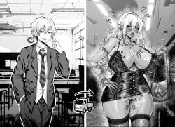 1boy arm_tattoo armlet bar_censor bimbofication body_part_swap body_writing bracelet breast_tattoo breasts censored chest_tattoo chouzetsu_ero_don comic commission dress female female_pubic_hair fingernails fishnet_thighhighs fishnets genderswap_(mtf) greyscale hair_between_eyes head_swap head_transplant heart highres huge_breasts jewelry large_breasts long_fingernails long_hair monochrome nipple_piercing nipple_rings no_panties original piercing pixiv_commission pubic_hair pussy rule_63 scar scar_on_neck short_dress short_hair spoken_heart stitched_neck stitches tattoo textless_version thighhighs tongue tongue_out