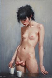 1girls ai_generated balls black_hair breasts female futanari intersex nude original_character pale_skin peeing peeing_in_cup penis small_breasts testicles trans_woman urine