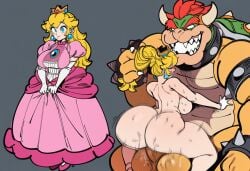 1boy 1boy1girl 1girls 2025 ai_generated blonde_hair bowser cowgirl_position crown ear_piercing female huge_ass human large_ass light-skinned_female light-skinned_male light_skin male male/female mario_(series) mullon muscular muscular_male nintendo novelai princess princess_peach rough_sex royalty sex straight straight_sex