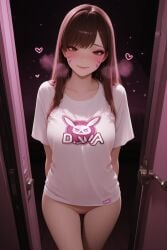 1girls ai_generated arm_behind_back arms_behind_back blush boosty boosty_username bottomless breasts breath brown_eyes brown_hair casual closed_mouth clothes_writing collarbone cowboy_shot d.va door doorway facepaint facial_mark female head_tilt heart heavy_breathing horny horny_female indoors intimate inviting legs_together lips long_hair looking_at_viewer love medium_breasts naughty_face no_panties no_pants opakyl overwatch overwatch_2 passionate pink_lips pov_doorway print_shirt pussy pussy_juice rabbit_print romantic seductive seductive_look seductive_smile sensual sexually_suggestive shirt short_sleeves sidelocks smile solo solo_female solo_focus stable_diffusion standing steam steaming_body suggestive suggestive_look suggestive_pose sweat swept_bangs t-shirt thigh_gap thighs uncensored whisker_markings white_shirt wholesome