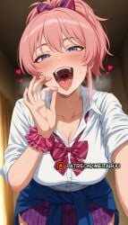 ai_generated blue_eyes blush bow bowtie breasts cleavage clothes_around_waist collarbone collared_shirt fellatio_gesture female gyaru hairbow heart idolmaster idolmaster_cinderella_girls indoors jougasaki_mika large_breasts looking_at_viewer loose_bowtie meitabuu open_mouth oral_invitation pink_hair plaid plaid_skirt pleated_skirt ponytail purple_bow purple_bowtie purple_skirt saliva school_uniform scrunchie sexually_suggestive shirt skirt smile solo striped_bow striped_bowtie sweat sweater sweater_around_waist teeth tongue tongue_out upper_teeth_only uvula white_shirt wrist_scrunchie