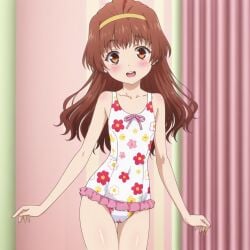 ai_generated alisa_takanomiya bangs blush brown_eyes brown_hair female flat_chest floral_print frilled legs_together long_hair looking_at_viewer one-piece_swimsuit open_mouth smile solo standing yellow_hairband