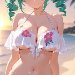 2025 ai_generated beach_background belly closed_mouth flower_bikini green_hair_female instagram looking_at_viewer meta mouth_closed smile_at_viewer smiling_at_viewer ten01c tummy unknown_character white_bikini