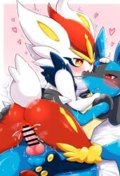 1boy ai_generated censored censored_penis cinderace cum cum_in_pussy cum_inside female furairy_mask furry lucario male male/female pokemon pokemon_(species) pussy sex