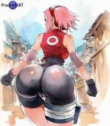 1girls ai_generated cameltoe color female female_only from_behind huge_ass leaning_forward naruto_(series) naruto_shippuden outside pink_hair priestofart sakura_haruno short_hair shorts solo solo_female tagme tagme_(artist) tagme_(character) thigh_strap watercolour_(artwork) watermark