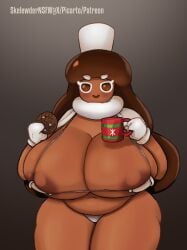 belly belly_button bikini blush brown_eyes brown_hair brown_skin cocoa_cookie cookie cookie_run cookie_run_kingdom dark_nipples fat giant_breasts gloves huge_breasts marshmallow mug overflowing_breasts plump scarf skelewdernsfw smiling thick_thighs undersized_bra