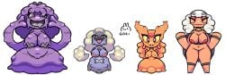 anthro bedroom_eyes big_breasts breasts closed_eyes female gdei generation_1_pokemon generation_2_pokemon generation_3_pokemon goo_creature grimer group hair hi_res koffing narrowed_eyes nintendo open_mouth orange_body pokemon pokemon_(species) purple_body seductive slugma small_breasts tongue tongue_out torkoal white_hair