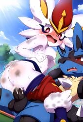 ai_generated cinderace cum cum_inside female furry lucario male male/female pokemon pokemon_(species) sex