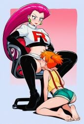 2girls age_difference barefoot boots clothed_female_clothed_female clothed_sex cunnilingus femdom jessie_(pokemon) kasumi_(pokemon) kneeling orange_hair pink_hair pokemon pokemon_trainer white_background yuri