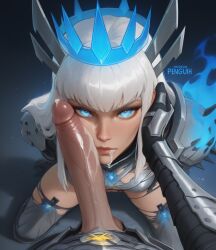 1boy 1girls ai_generated armor armored_female artist_name big_penis blowjob blue_eyes bottomless clothed crown cum_in_mouth cum_on_face cum_on_lips damaged_clothes domination dripping_cum exposed exposed_pussy eye_contact facial fake_horns fellatio female female_domination female_focus female_on_top femdom from_above hand_on_another's_head highres holding kneeling light-skinned_female light_skin long_hair looking_at_viewer magik_(eldritch_armor) magik_(illyana_rasputin) magik_(marvel_rivals) male male/female marvel marvel_comics marvel_rivals mutant_(marvel) on_knees oral_sex patreon_username penguih penis penis_on_face pov pussy straight sucking_penis torn_clothes white_hair white_hair_female white_skin