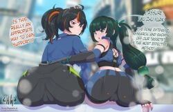 2girls ass black_hair blush cameltoe dat_ass dialogue english_text female female_only green_hair hi_res highlights_(coloring) hornygraphite long_hair looking_at_viewer looking_back looking_back_at_viewer mihoyo ponytail qingyi_(zenless_zone_zero) rear_view red_highlights sitting speech_bubble steam thick_ass tied_hair zenless_zone_zero zhu_yuan
