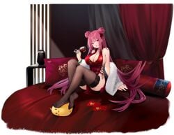 alcohol alternate_costume azur_lane bare_shoulders black_thighhighs bracelet breasts cg china_dress chinese_clothes cleavage cleavage_cutout clothing_cutout cup curtains double_bun dress drinking_glass earrings feather_boa feet female full_body hair_bun hair_ribbon high_heels holding holding_cup indoors jewelry la_galissonniere_(azur_lane) la_galissonniere_(lush_spring_dreams)_(azur_lane) large_breasts legs long_hair looking_at_viewer manjuu_(azur_lane) mole mole_on_breast nail_polish no_shoes official_alternate_costume official_art open_mouth pelvic_curtain pink_eyes pink_hair purple_eyes purple_hair red_dress red_eyes red_hair side_slit sideboob sideless_outfit single_shoe sitting sleeveless sleeveless_dress smile solo thighhighs thighs toes very_long_hair wine wine_glass