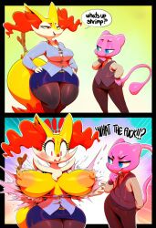 absurd_res ai_generated angry anthro areola before_and_after big_breasts blue_eyes blush border bottomwear braixen breasts canid clothed clothing comic dialogue digital_media_(artwork) duo english_text exclamation_point exposed_breasts eyelashes female fire fur generation_6_pokemon hair hand_on_hip hellsonger hi_res huge_breasts inner_ear_fluff legwear mammal multicolored_body nintendo nipples open_mouth orange_body pink_areola pink_body pink_nipples pokemon pokemon_(species) red_body red_eyes simple_background skirt smile speech_bubble standing text thick_thighs topwear tuft wardrobe_malfunction white_body wide_hips yellow_body yellow_fur