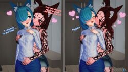 2girls 3d 3d_(artwork) animal_ears blue_eyes blue_hair blush cat_mouth choker fangs flyingcookie fox_ears fox_girl grabbing_breasts happy heart heart kissing koikatsu long_hair open_eyes open_mouth original original_character red_eyes red_hair short_hair shorts shy spiked_collar standing t-shirt tattoo tattooed_arm text watermark yuri