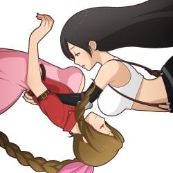 2d 2girls aerith_gainsborough ass black_hair bra breasts brown_hair cleavage color colored earrings fair-skinned_female fair_skin female female_only final_fantasy final_fantasy_vii fingerless_gloves gloves light-skinned_female light_skin lingerie long_hair looking_at_viewer looking_back manyakis navel orange_eyes pale-skinned_female pale_skin panties pussy_juice red_gloves seductive smile tagme tifa_lockhart tongue_out transparent_background underwear upskirt white_bra white_panties wink