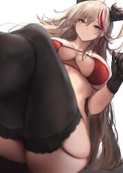 aegir_(azur_lane) aegir_(golden_dragon_among_auspicious_clouds)_(azur_lane) ass azur_lane bare_shoulders bikini black_gloves black_thighhighs blonde_hair blurry blush breasts cg cleavage closed_mouth collarbone crossed_legs depth_of_field female from_below garter_straps gloves hair_between_eyes horns large_breasts liaowen long_hair looking_at_viewer multicolored_hair official_art red_bikini red_hair simple_background sitting smile solo streaked_hair swimsuit thighhighs thighs underboob underwear very_long_hair white_background yellow_eyes
