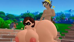 1boy 2girls 3d 3d_model areola areolae background big big_areola big_ass big_breasts big_nipples black_hair black_nails brick brick_wall cate_meowdy_(fortnite) completely_nude dark-skinned_male disney dra111_(artist) dragon316 elastigirl elastigirl_(fortnite) female fortnite heart helen_parr light-skinned_female male massive_ass massive_breasts milf movement_lines multicolored_hair painted_nails peeping pink_nipples pixar pixar_mom plap remi_(fortnite) sfm shocked_expression slapping_ass slapping_butt the_incredibles yellow_hat