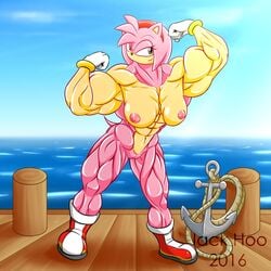 2016 abs amy_rose anchor biceps boots breasts clothing egyptian_vase female flexing footwear gloves jack_hoo_(artist) muscular muscular_female nipples nude pier pose pussy rope sea smile solo sonic_(series) water