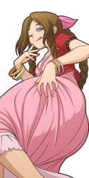 1girls aerith_gainsborough ass breasts brown_hair fair-skinned_female fair_skin female female_only final_fantasy final_fantasy_vii light-skinned_female light_skin looking_at_viewer looking_back manyakis pussy_juice smile solo solo_female tongue_out transparent_background wink