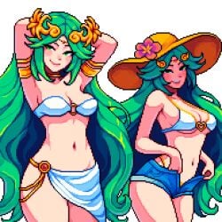 armpits arms_up aseprite_(medium) blush breasts cleavage commentary english_commentary female flower green_eyes green_hair hat hat_flower highres kid_icarus large_breasts long_hair looking_at_viewer multiple_views navel nintendo paid_reward_available palutena pixel_art simple_background smile thick_thighs thighs very_long_hair white_background wide_hips yumykon
