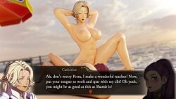 2girls 3d abs arms_behind_head assertive assertive_female back bare_arms bare_legs bare_shoulders barefoot beach beach_umbrella bent_over blonde_hair braid breasts brown_hair catherine_(fire_emblem) closed_eyes coaching collarbone completely_nude compliment cunnilingus dark-skinned_female dark_skin dochaunt24 english_text female female_on_top female_only fire_emblem fire_emblem:_three_houses leg_grab legs long_hair medium_breasts medium_hair multiple_girls nail_polish navel nintendo nipples nude nude_female ocean on_back on_one_knee open_mouth outdoors parasol petra_macneary pink_nails ponytail post-timeskip purple_hair purple_nails sex shoulders small_breasts smile sparring stomach student sunset teacher teacher_and_student text text_box tiptoes training umbrella yuri
