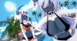 2girls 3d absol angry anthro big_breasts bikini bikini_bottom bikini_top breasts envy female furry koikatsu looking_at_breasts looking_at_viewer pokémon_(species) pokemon pokemon_(species) pool render_007 small_breasts sunglasses swimming_pool swimsuit