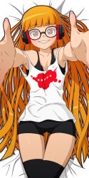 1girls 2d beckoning blush breasts female glasses headphones human light-skinned_female light_skin long_hair looking_at_viewer lying_on_back manyakis on_back pale-skinned_female pale_skin persona persona_5 reaching_towards_viewer red_hair sakura_futaba smile tagme teenage_girl teenager thigh_gap thighs transparent_background very_long_hair young young_female