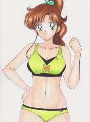 1990s_(style) adult_swim alluring bikini bishoujo_senshi_sailor_moon brown_hair clenched_hand clothes_writing collarbone earrings female green_bikini green_eyes hair_bobbles hair_ornament hand_on_own_hip jewelry long_hair looking_at_viewer makoto_kino medium_breasts momohiyaltuko0124 nekito ponytail rascal_(n119) retro_artstyle smile sports_bikini swimsuit toei_animation toonami