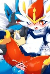 1boy ai_generated censored censored_penis cinderace cum cum_in_pussy cum_inside female furairy_mask furry lucario male male/female pokemon pokemon_(species) pussy sex