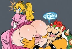 1boy 1girls 2025 2d ai_generated anus ass_focus big_ass bowser close-up dat_ass dress dress_lift female gloves grabbing_ass gyatt huge_ass long_gloves mario_(series) mullon nintendo novelai pink_dress princess_peach thighhighs white_gloves white_long_gloves white_thighhighs