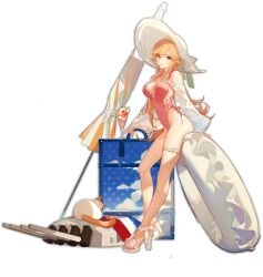 azur_lane backless_swimsuit bare_legs bare_shoulders beach_umbrella black_background blonde_hair breasts bridal_garter casual_one-piece_swimsuit cg cleavage closed_mouth cloud covered_navel cross-laced_clothes detached_sleeves dress feline female frilled_one-piece_swimsuit frills full_body hair_between_eyes hat high_heels highleg highleg_swimsuit holding innertube large_breasts legs lifebuoy long_hair long_sleeves looking_at_viewer medium_breasts navel official_alternate_costume official_art one-piece_swimsuit orange_hair parfait pink_one-piece_swimsuit red_eyes richelieu_(azur_lane) richelieu_(fleuron_of_the_waves)_(azur_lane) sandals sidelocks simple_background smile solo standing sun_hat swim_ring swimsuit thigh_strap thighs toeless_footwear transparent_background turret umbrella white_cat white_footwear white_headwear