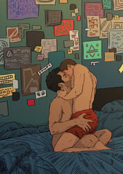 2boys bara bed brown_hair dark_hair derek_hale duo facial_hair gay hair hairy inside kissing male male_only multiple_boys muscles nude sterek stiles stiles_stilinski straddling teen_wolf underwear yaoi