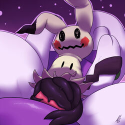 1boy 2016 ambiguous_gender black_body goodra interspecies living_condom male mimikyu nintendo penis pokemon pokemon_(species) pokemon_sm purple_background purple_body shikaro simple_background white_body