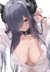 august_von_parseval_(azur_lane) august_von_parseval_(the_unhulde's_midday_respite)_(azur_lane) azur_lane blue_hair blush breasts cg choker cleavage closed_mouth collarbone curled_horns female hair_over_one_eye hands_in_hair horns large_breasts liaowen long_hair long_sleeves looking_at_viewer mechanical_horns naked_shirt navel no_bra official_art one_eye_covered open_clothes open_shirt purple_eyes purple_hair see-through shirt simple_background smile solo upper_body very_long_hair wet wet_clothes white_background white_shirt
