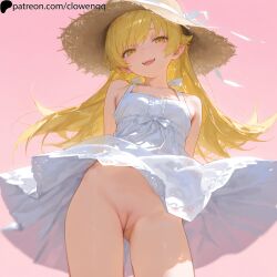 1girls ai_assisted ai_generated arms_behind_back blonde_hair blush cleft_of_venus clowenqq dress female female_focus female_only innie_pussy long_hair looking_at_viewer low-angle_view monogatari_(series) no_panties open_mouth oshino_shinobu pussy smile smiling smiling_at_viewer solo solo_female solo_focus stable_diffusion standing straw_hat thighs uncensored yellow_eyes