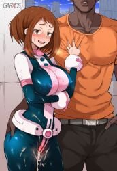 1boy 1girls after_sex ai_generated arm_under_breasts cameltoe clothed_sex clothing_skin cum_on_suit dark-skinned_male garxos hand_on_ass my_hero_academia netorare ochako_uraraka sweat