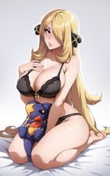 1girls areola_slip armpit_crease barefoot bed_sheet black_bra black_panties blonde_hair bra breasts cleavage collarbone commentary curvy cynthia_(pokemon) english_commentary female full_body garchomp gen_4_pokemon grey_eyes hair_ornament hair_over_one_eye highres holding holding_stuffed_toy large_breasts lips long_hair looking_at_viewer nintendo panties parted_lips pokemon pokemon_dppt seiza sitting sonicbluespeed stuffed_toy thighs underwear underwear_only very_long_hair