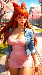 0assult0 1girls adult_female ai_generated bangs beautiful beautiful_background beautiful_females blossom_(powerpuff_girls) busty cartoon cartoon_network cherry_blossoms cleavage curvy_female daytime female freckles heavenly_face heroine jacket large_breasts lovely mole_under_eye orange_hair park pink_dress powerpuff_girls realistic ribbon sexy spring superheroine trees voluptuous_female