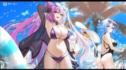 2girls :d arm_up armpits ass ass_visible_through_thighs azur_lane bare_shoulders bikini black_bikini black_one-piece_swimsuit blue_eyes blue_hair blue_sky blush breasts choker cleavage cloud cowboy_shot day eyewear_on_head halterneck hat heart-shaped_eyewear highleg holding innertube jewelry large_breasts long_hair looking_at_viewer looking_back multicolored_hair multiple_girls navel ocean official_alternate_costume one-piece_swimsuit open_clothes open_mouth outdoors palm_tree pink_hair purple_bikini purple_eyes purple_hair see-through sideboob sky smile sovetskaya_belorussiya_(azur_lane) standing stomach straw_hat streaked_hair string_bikini sun_hat sunglasses swim_ring swimsuit thighs tinted_eyewear tree twintails two-tone_hair unworn_hat very_long_hair water white_hair white_headwear ying_swei_(azur_lane)