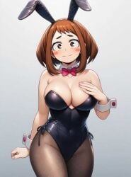 1girls blush breasts bunnysuit my_hero_academia ochako_uraraka provocative_clothing shy