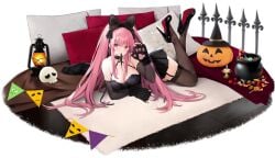 animal_ears animal_hands azur_lane bare_shoulders black_choker black_dress black_footwear black_gloves black_thighhighs blush bow breasts candy cat_ears cat_paws cg choker cleavage dress elbow_gloves fake_animal_ears female fingerless_gloves food frills full_body garter_straps gloves hair_ribbon hairband hairbow halloween_costume high_heels jack-o'-lantern la_galissonniere_(azur_lane) la_galissonniere_(black_cat_of_all_hallows'_eve)_(azur_lane) lace lace_trim lamp lantern large_breasts long_hair looking_at_viewer lying mouth_hold nail_polish official_alternate_costume official_art on_stomach paw_gloves pillow pink_eyes pink_hair pumpkin purple_eyes smile solo thighhighs transparent_background twintails very_long_hair virtual_youtuber wings