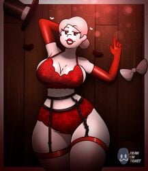2025 2d 2d_(artwork) 2d_artwork artist_logo artist_name beanontoast big_breasts brenda_(clover) clover_(or3o) female grey_body grey_hair lingerie lipstick monochrome red_lingerie stockings thick_thighs