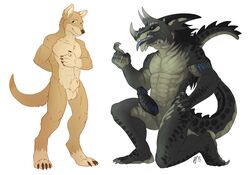 animal_genitalia anthro balls dragon duo erection full-length_portrait full_length fully_sheathed horn hornedfreak looking_at_viewer male male_only mammal marsupial nude open_mouth penis portrait scalie sharp_teeth sheath simple_background smile standing teeth thylacine tongue tongue_out uncut white_background